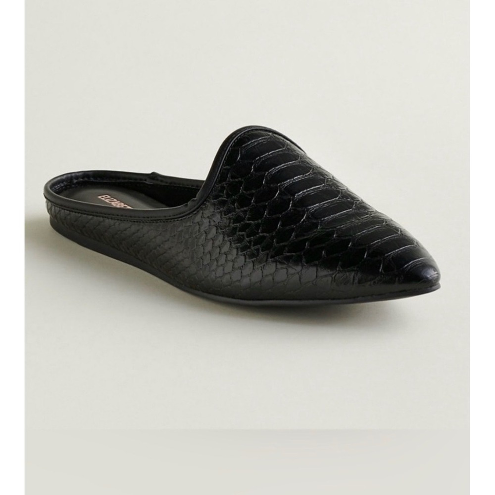 Elizabeth and James Mules Women 7.5 Black Snakeskin Minimalist Pointed Toe Flats